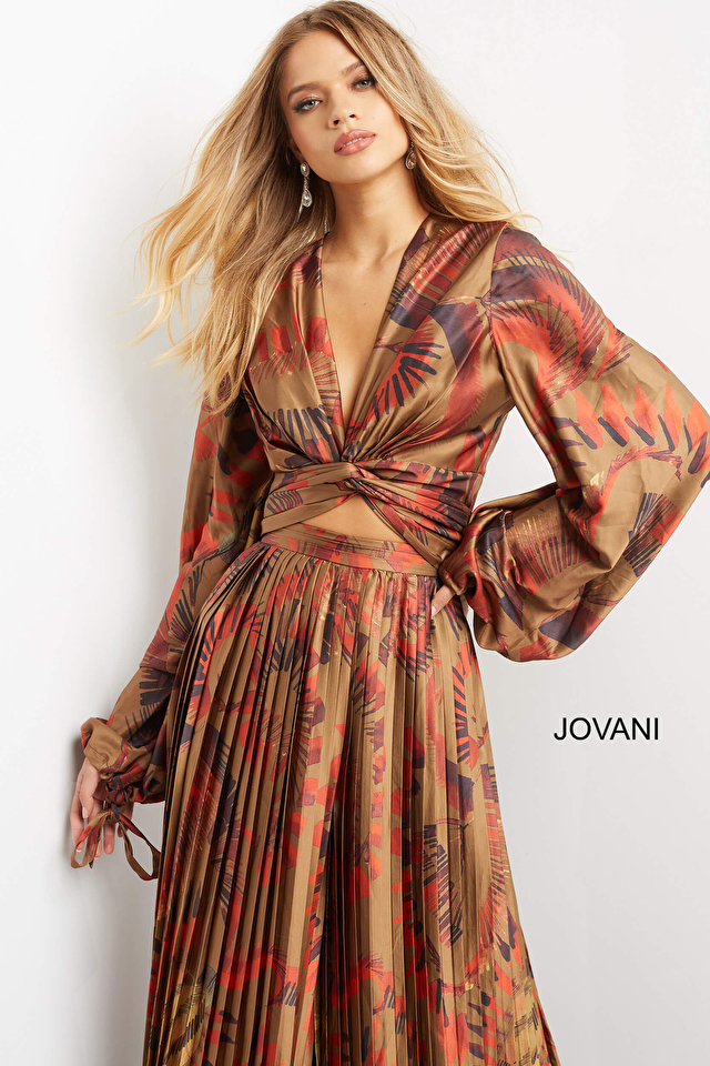 Brown print on trend Jovani set style 06851 and 06852